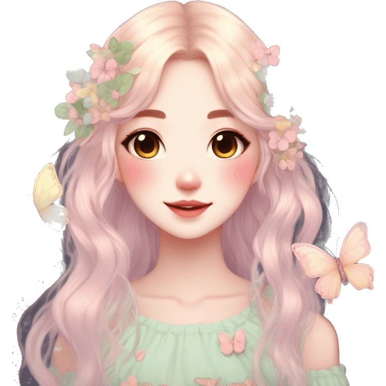 Cute kawaii gorgeous pretty anime cartoon pastel lady with butterflies and beautiful hair fairycore cottagecore detailed high quality trending aesthetic emoji