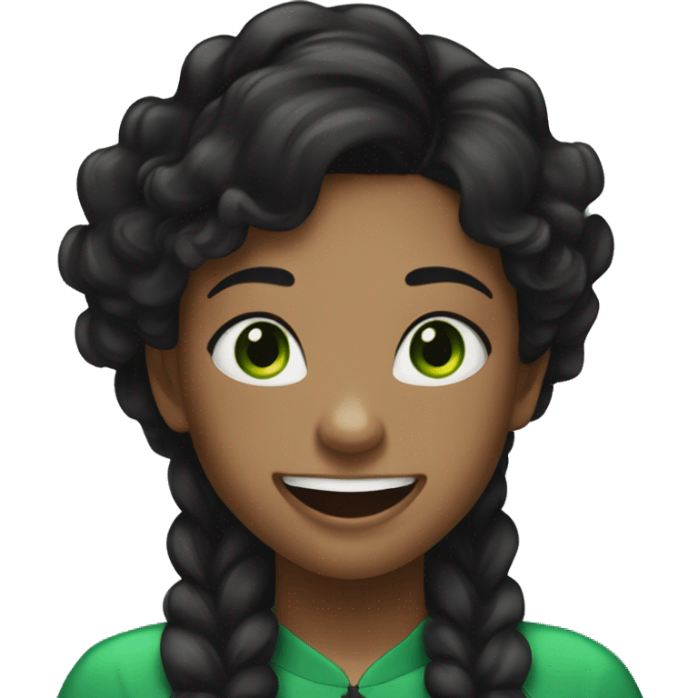 black-haired girl with green eyes, wearing braces, laughing, wearing a black tracksuit, long, slightly wavy hair emoji