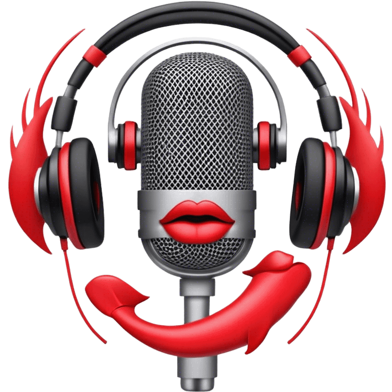 Create a dynamic and energetic emoji that represents beatboxing. The design should feature a stylized microphone with lips and sound waves emanating from it, symbolizing vocal percussion and rhythm. Add elements like headphones or a subtle speaker to emphasize the music production aspect. Use bold colors like black, white, and red to convey the intensity and creativity of beatboxing. The background should be transparent. emoji