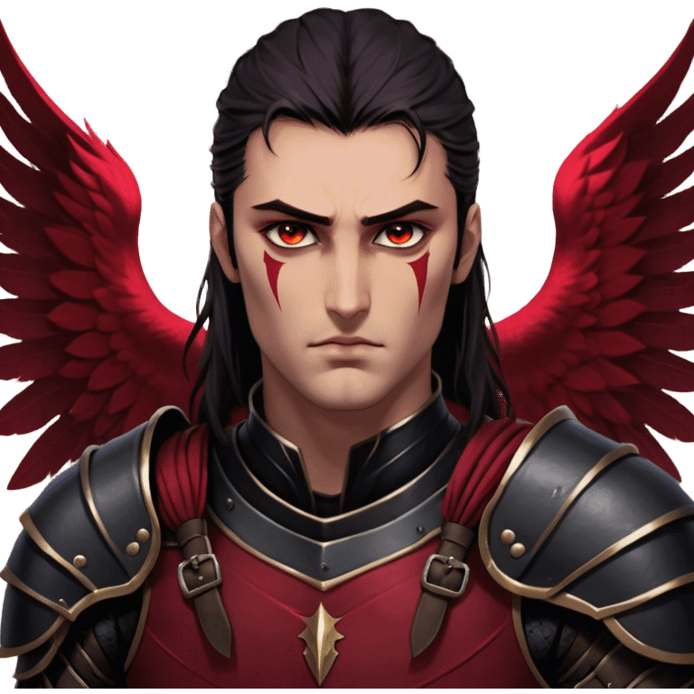 A towering Illyrian warrior with long, dark hair tied loosely at the nape of his neck, his hazel eyes flickering with battle-hardened resolve and mischief. His powerful frame is clad in black leather armor with deep crimson accents, fitted perfectly to his broad shoulders. His massive Illyrian wings stretch behind him, their leathery surface marked by scars of countless battles. A wicked grin plays on his lips, revealing the roguish charm beneath the warrior's exterior. emoji