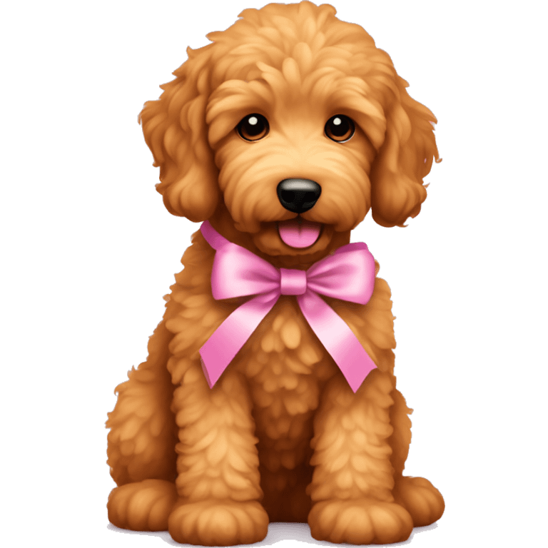 Ginger golden doodle. Baby. Full body sitting down. Pink ribbon  emoji