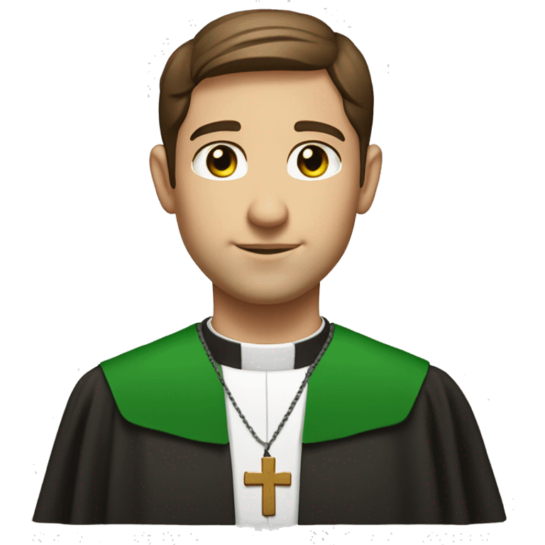 Front view Head and shoulders of a handsome catholic priest with brown hair and light green eyes wearing a clerical collar emoji