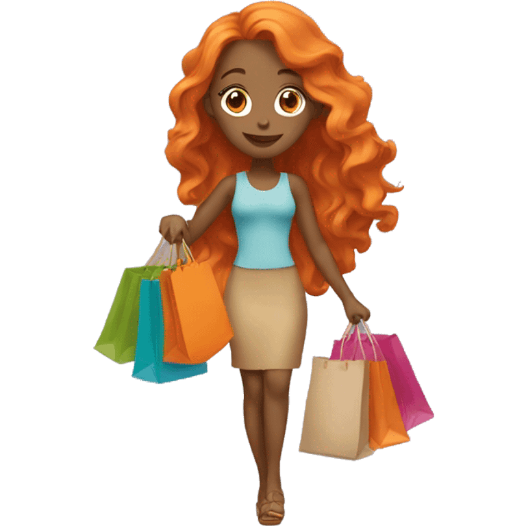 Tan girl with long wavy orange hair holding shopping bags emoji