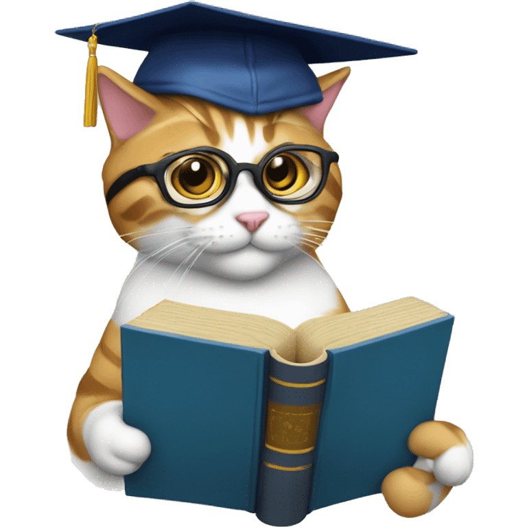 A learned cat with a book, glasses and a graduate hat emoji