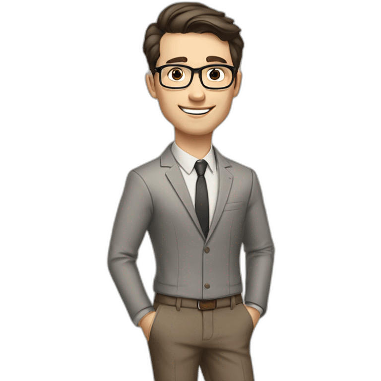 Pale skinned fit man with dark brown hair in gray jacket, beige office shirt, brown tie, brown pants and vintage glasses Writing on a marker board emoji