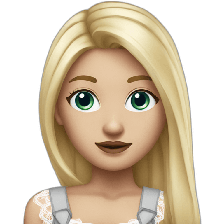 hyperrealistic caucasian female, long straight blonde hair, white lace up crop top and grey tight mini skirt emoji