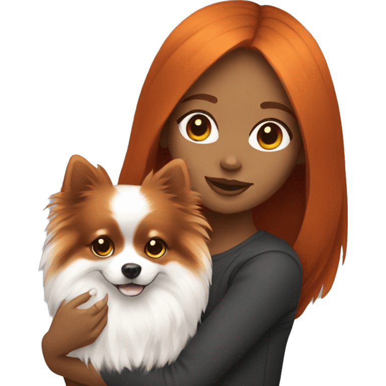 Dark red haired girl holding orange and white Pomeranian emoji