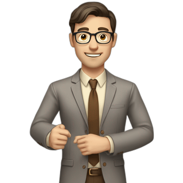 To belt Actively gesturing with hands Pale skinned fit man teacher with dark brown hair in gray jacket, beige office shirt, brown tie, brown pants and vintage glasses. emoji