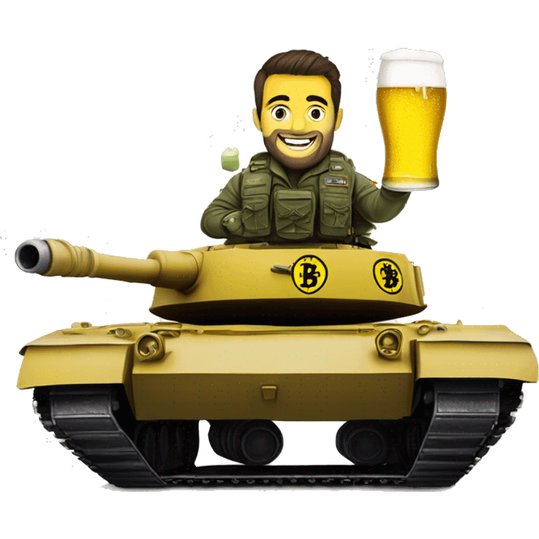 A bvb dortmund themed army tank with a fan riding on top holding a beer.  emoji