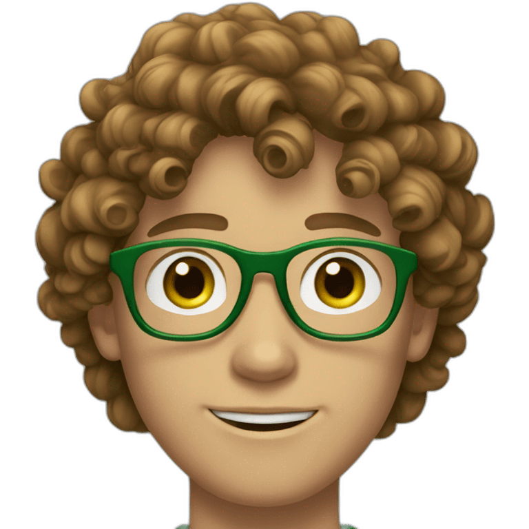 white 19 year old guy with green eyes and curly brown hair and circular green glasses emoji