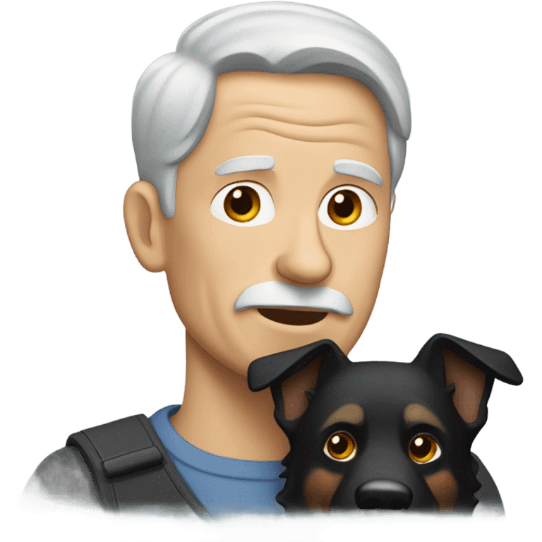 Old man with little brown hair carrying a black German shepherd dog emoji