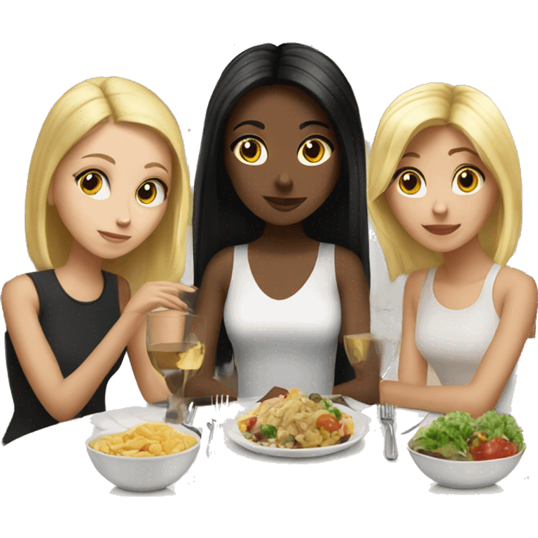 Girl with black hair sitting at dinner with two blonde friends emoji