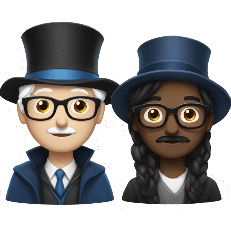 man with white skin, black longer and straight hair, mustache, glasses, with a magic hat, ravenclaw emoji