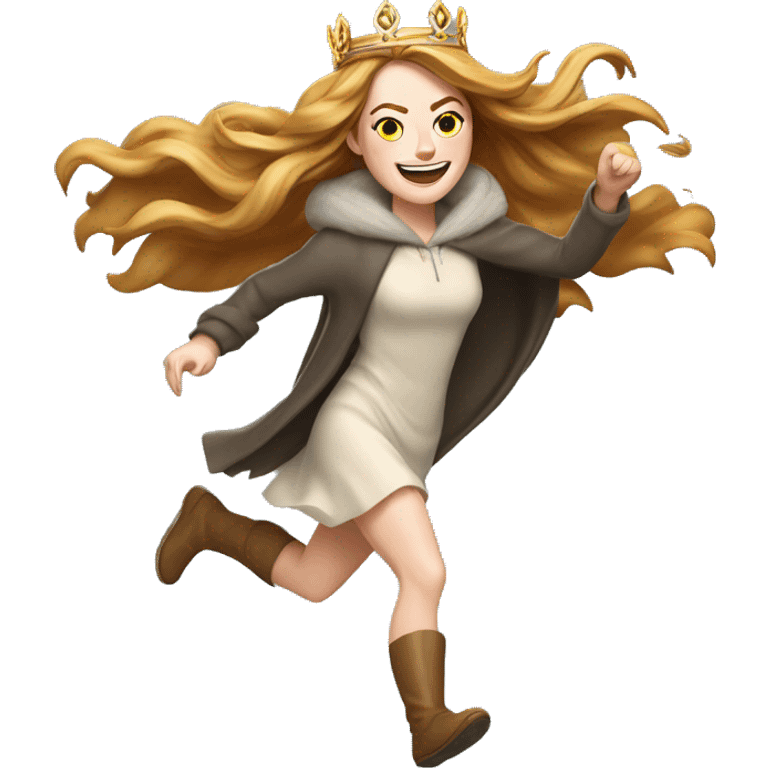 Emma Stone running, with a large stride and arms outstretched, wearing an icicle crown and winter cloak, long golden brown hair emoji