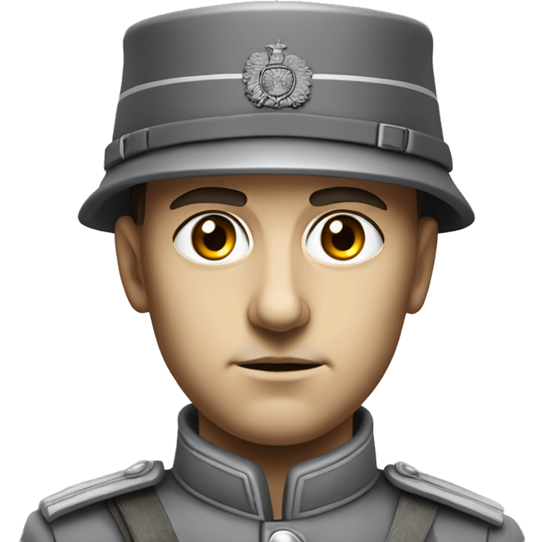 serious german soldier the middle of the XX century photorealistic gray uniform detailed face with wrinkles, closed mouth, small eyes  emoji