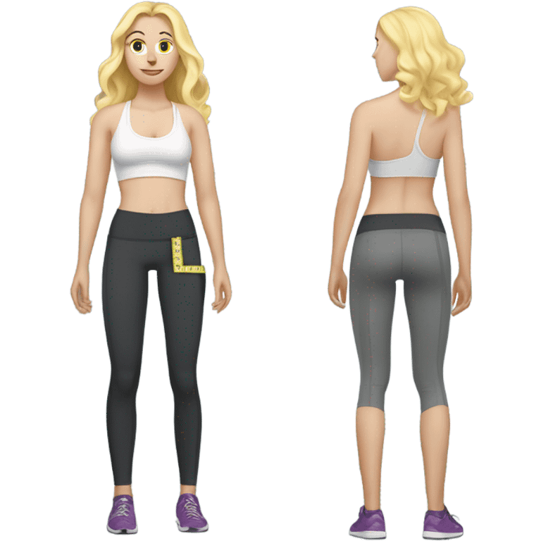 Woman, white skin, pale skin, long hair, blonde hair, wavy hair, standing, sports bra, leggings, tape measure wrapped around waste emoji