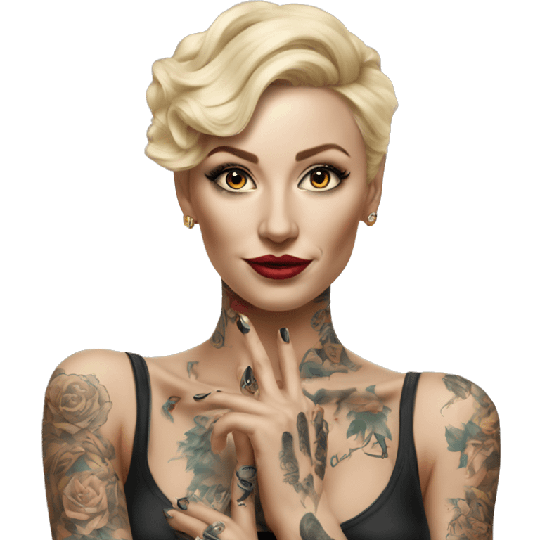 Blonde elegant women, her Body Covered with Tattoos, POINTING ON YOU with her HAND , Hyper realistic emoji