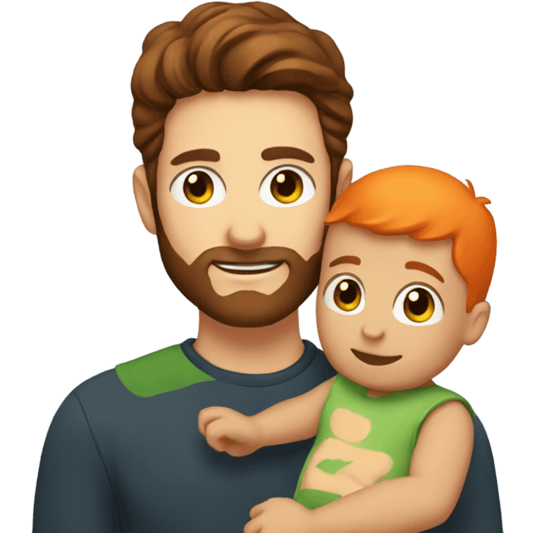 A guy with green eyes and dark brown hair and orange beard holding a baby boy emoji