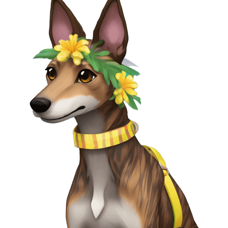  brindle brown black maroon striped lurcher Alsatian fox running blue eyes and iridescent holographic oilslick harness wearing paper iridescent tropical flower crown yellow caution tape emoji