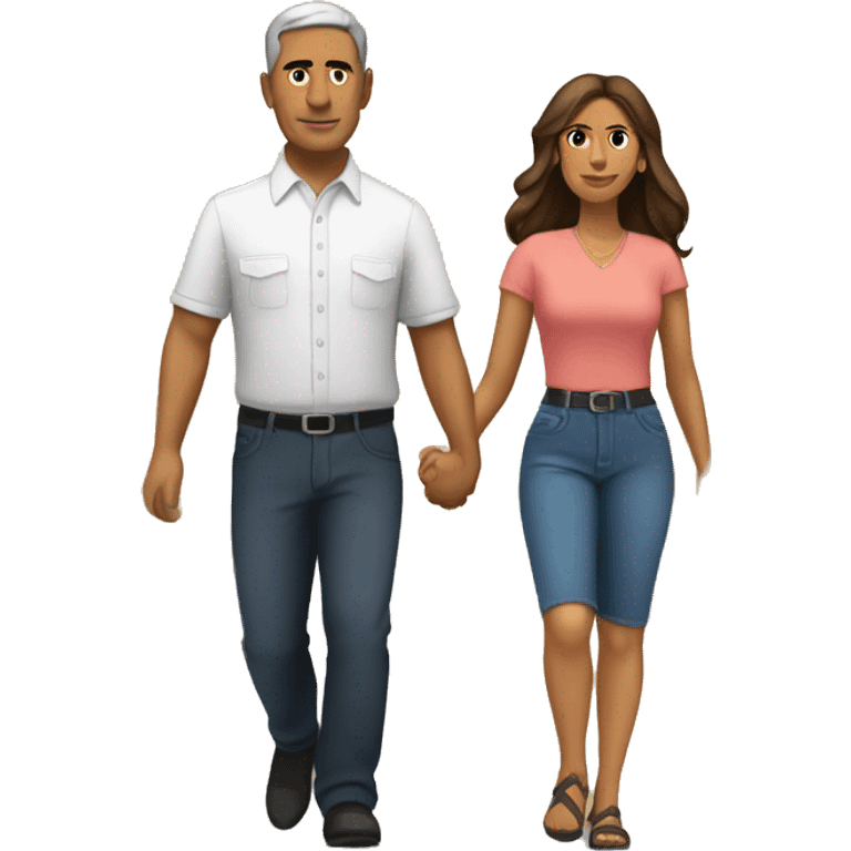 Hispanic man and woman walking in front of a political rally emoji