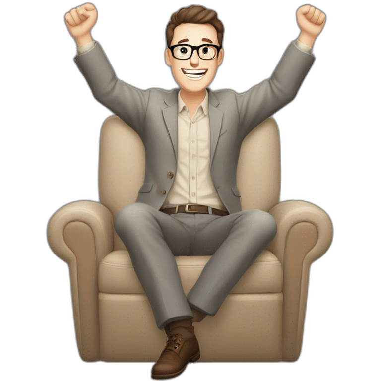 Joyful Celebrating victory Hands up Pale skinned Fit Man With dark brown hair in gray jacket, beige office shirt, Brown pants and vintage glasses sitting In a soft chair emoji