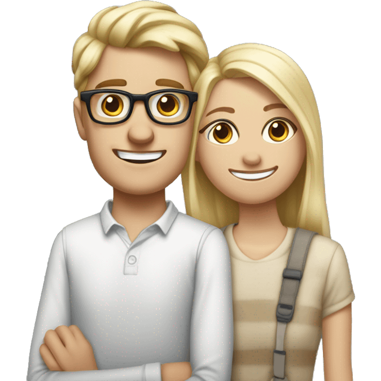 Create an iPhone-style emoji of a nerdy, skinny, white blond guy in his mid-20s with glasses and braces, standing behind his shorter adopted sister, hands on her shoulders, smiling menacingly at her. emoji