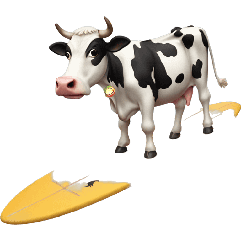 Cow flying over moon on surfboard emoji