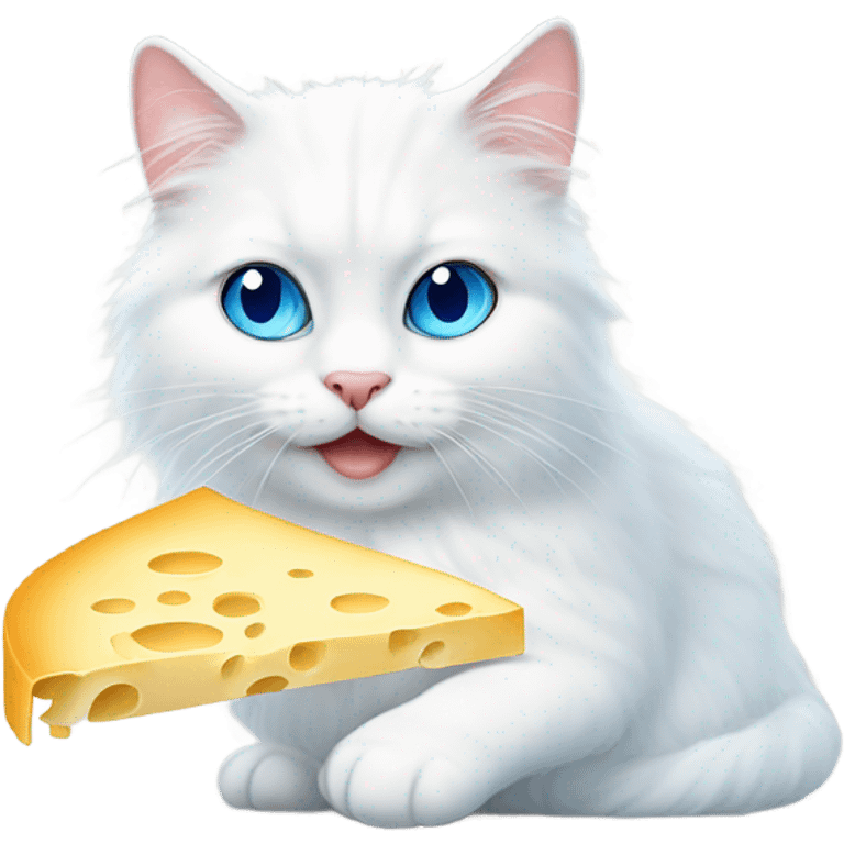 White fluffy cat with blue eyes eating cheese emoji