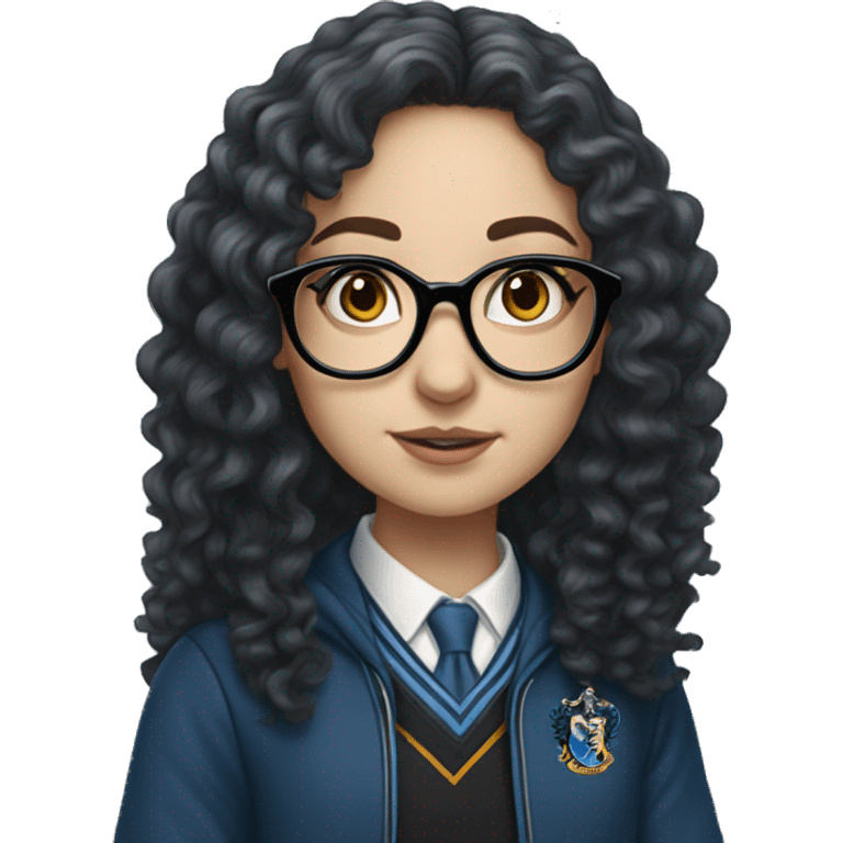 Hyper realistic White girl with long black curly hair and glasses wearing a ravenclaw school inform emoji