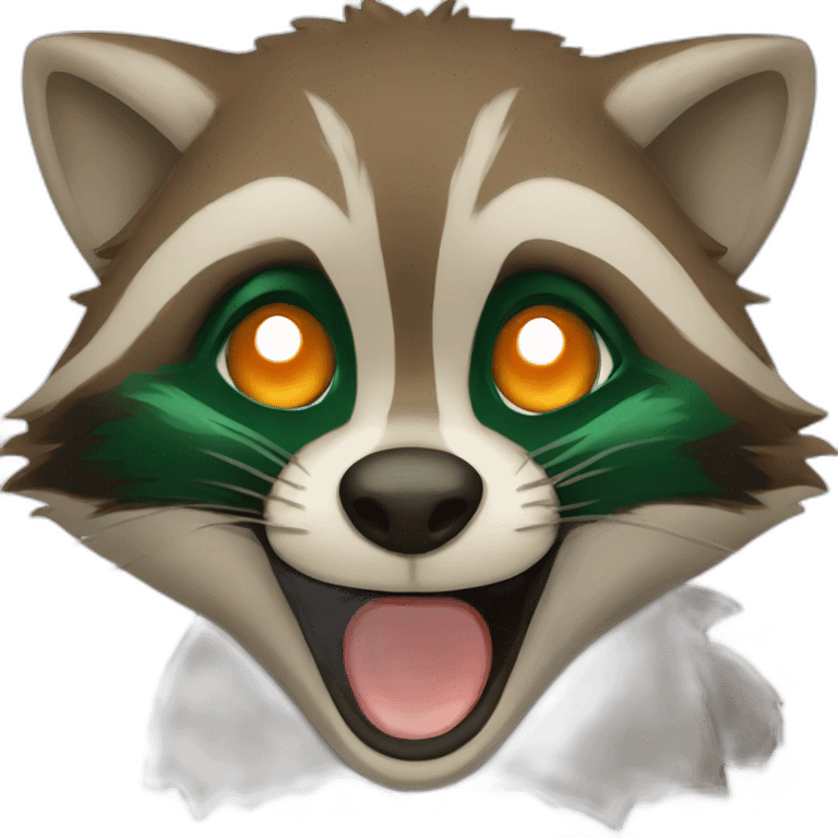 brown raccoon with orange eyes and a dark green hood that is laughing emoji