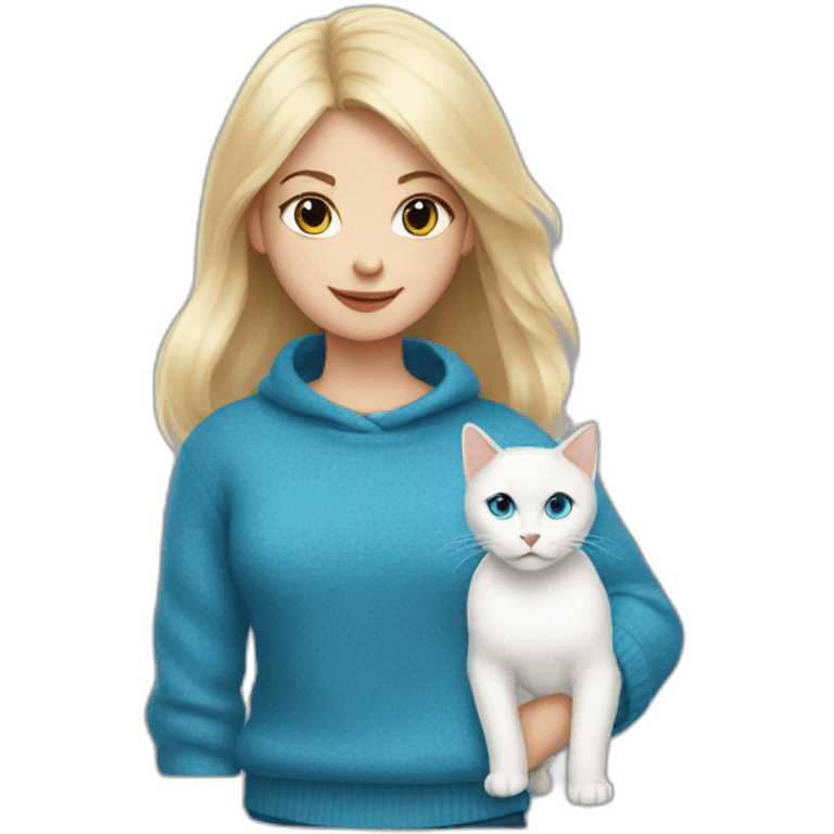 Blonde girl in blue sweater and with white cat emoji