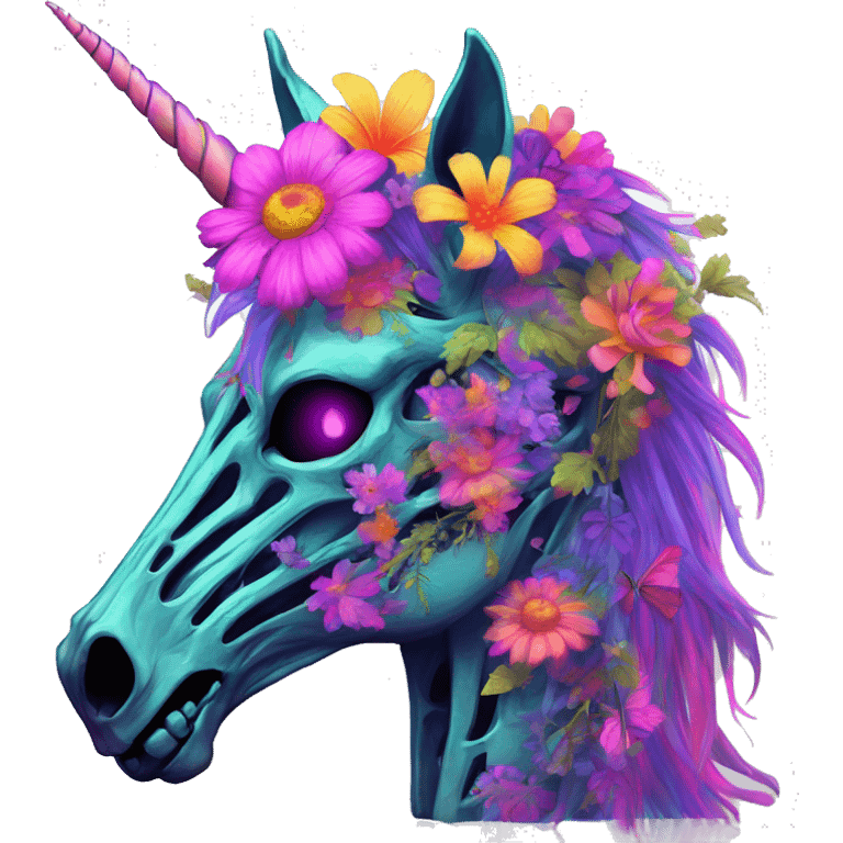 Neon Zombie Pegasus unicorn skeleton psychedelic flowers floral groovy art neon rave raving emoji