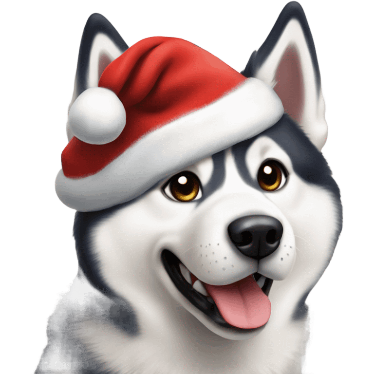 A Siberian Husky with a Santa hat emoji