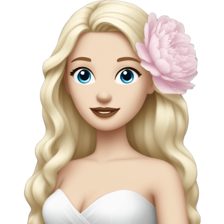 White bride with long light blonde hair and blue eyes with light pink peonies in hair white skin  emoji