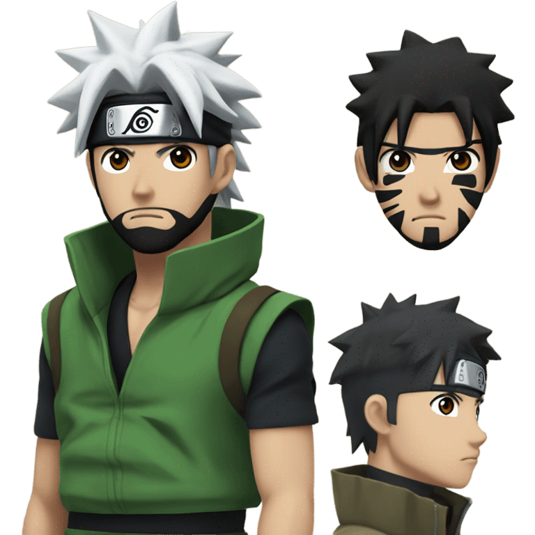 Naruto With Black hair and Black beard, sharingan eyes , Green jonin west,   emoji