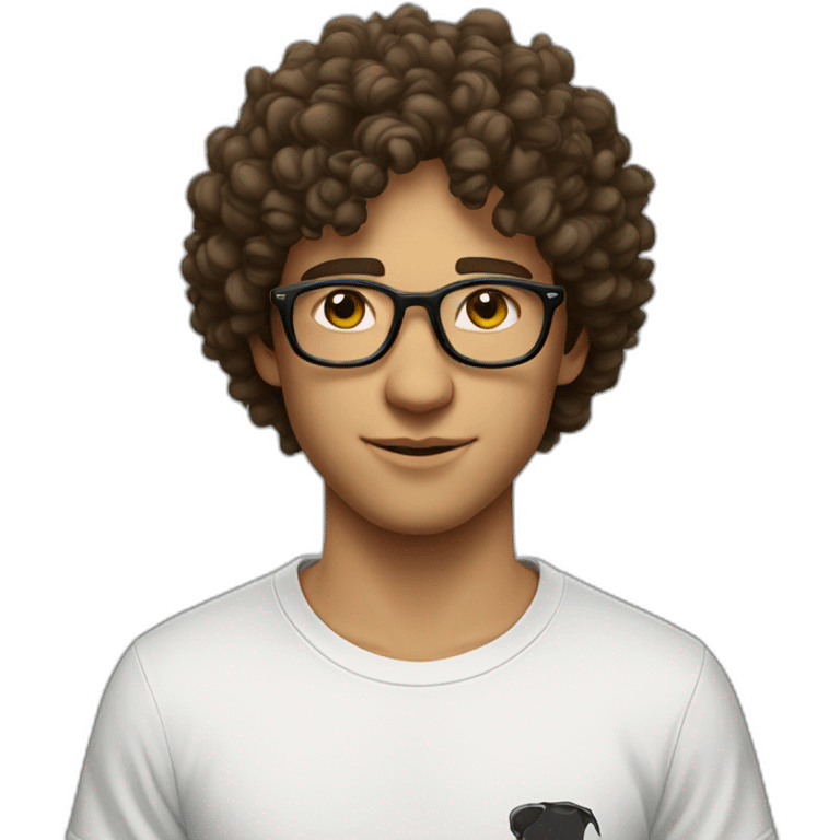 A white young man with glasses wears a logo t-shirt, indoors with a neutral expression. curly hair emoji