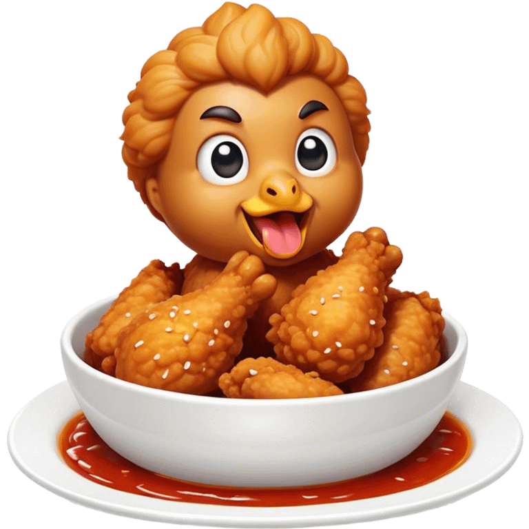 Korean Fried Chicken Cinematic Realistic Korean Fried Chicken Dish Emoji, depicted as bite-sized chicken chunks generously coated in a glossy, spicy sauce, in a bowl. emoji