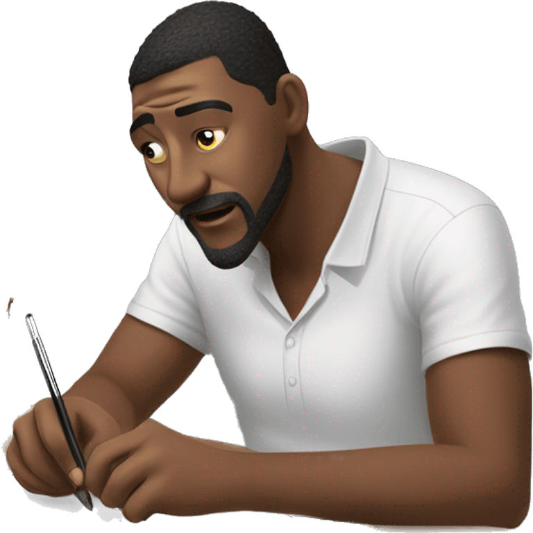 👨‍🎨📱✍️ A creative man is focused, drawing on an iPad with a stylus. , using the iPad placed on a table. with art tools like brushes and pencils around him. 🎨 emoji