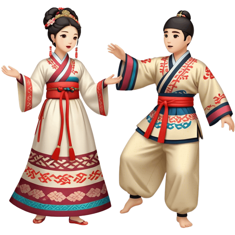 Cinematic Realistic scene of two performers engaging in Ganggangsullae, dressed in traditional Korean costumes with intricate patterns and graceful movements, illuminated by soft, festive lighting that accentuates the cultural ambiance emoji