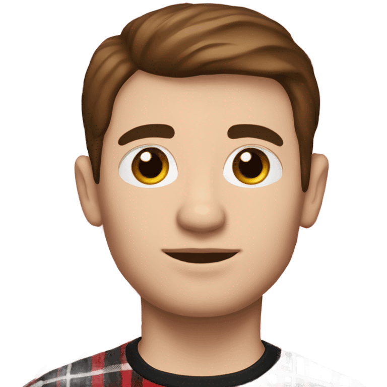 Man with straight brown hair and brown eyes wearing red and black buffalo plaid pjs. White skin. emoji