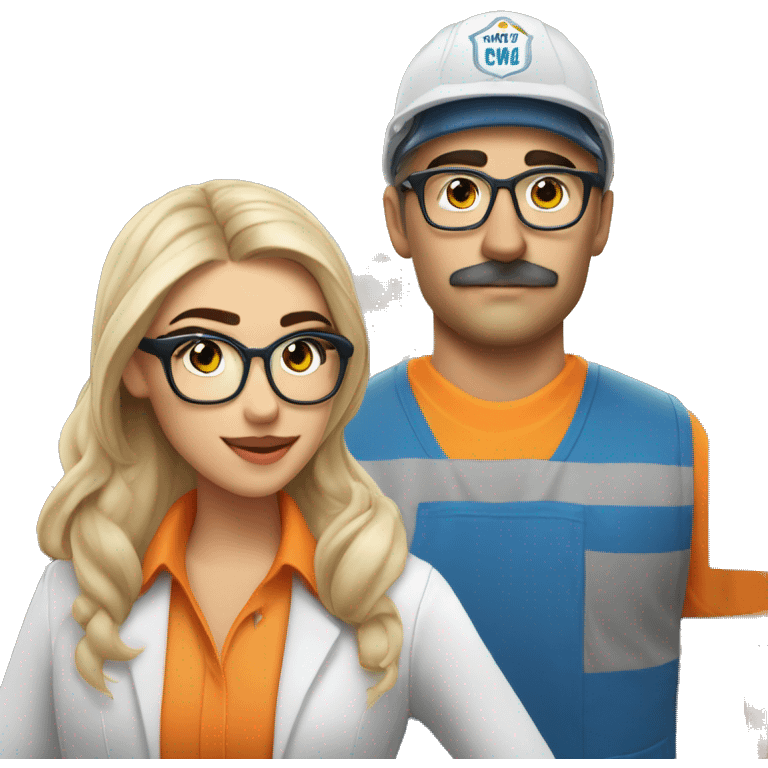 madison beer as barista with handsome blonde man, no beard but with mustache, blue/green eyes, glasses, wearing white hard hat that says ”gmc” in orange letters, orange safety vest, blue shirt on emoji