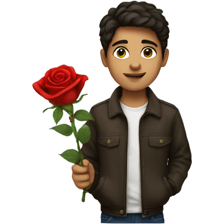 Brunette boy with a red rose emoji