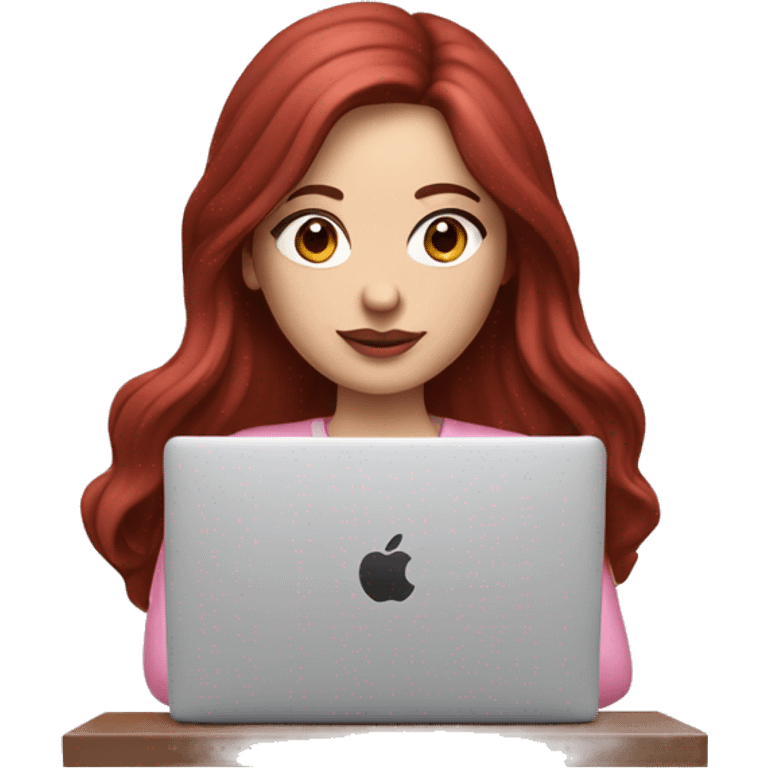 Woman with a white skin that has Long Dark red hair and brown eyes with an eyeliner and lashes coding on a pink macbook emoji