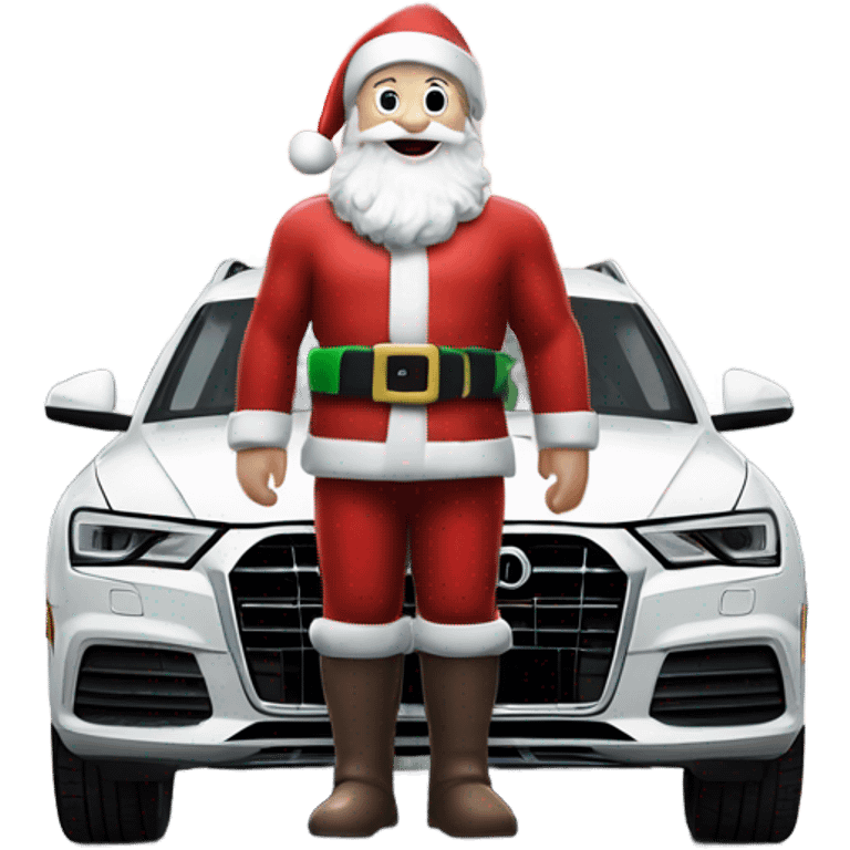 Santa Claus standing next to a white Audi Q3 with shiny rims and modern headlights in a festive, snowy setting. emoji