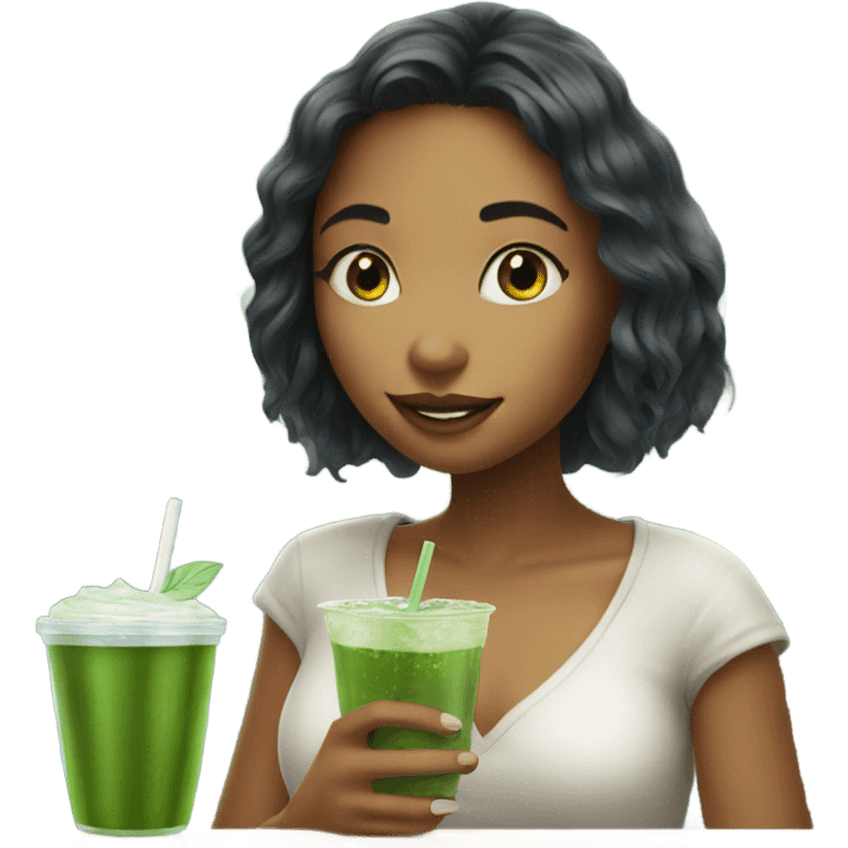 Pretty girl holding a glass cup of iced matcha  emoji