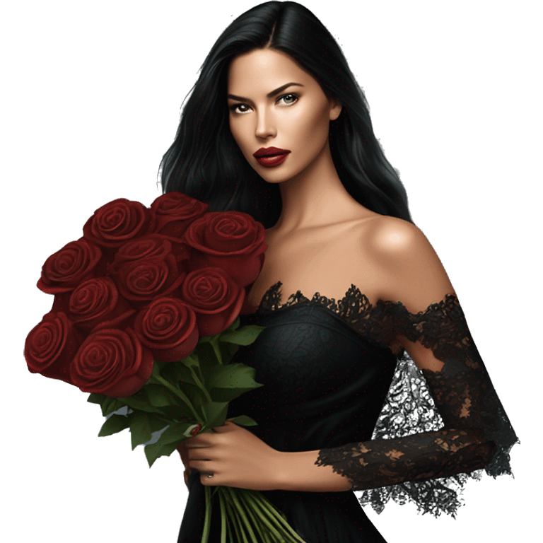 beautiful ethereal adriana lima wearing a long black lace dress while holding a fancy bouquet of dark red roses  emoji