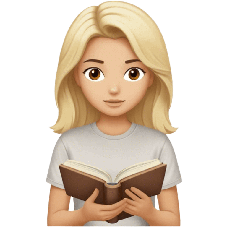 blonde model, brown eyes, medium voluminous hair, comfy t-shirt, reading a book emoji