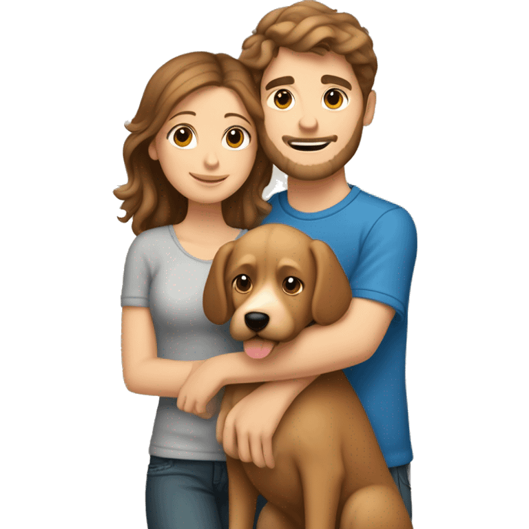 A caucasian brown haired boy hugging his caucasian brown haired girlfriend and holding a tan doodle dog emoji