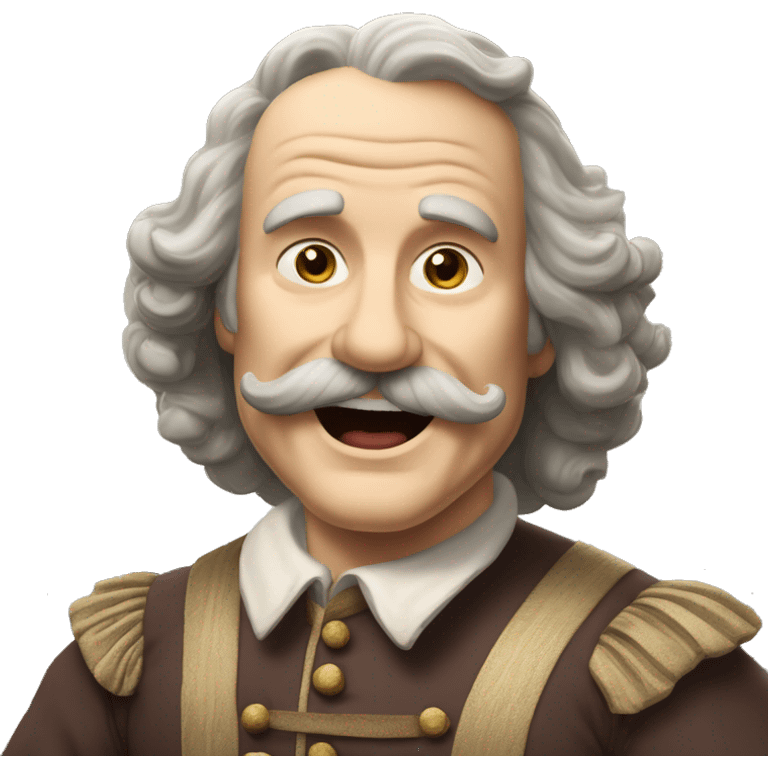 Short pudgy old man over enthusiastic happy excited face bald forehead long wavy gray and brown brunette long wavy hair moustache Shakespearean dress vintage clothes hamlet small arms emoji