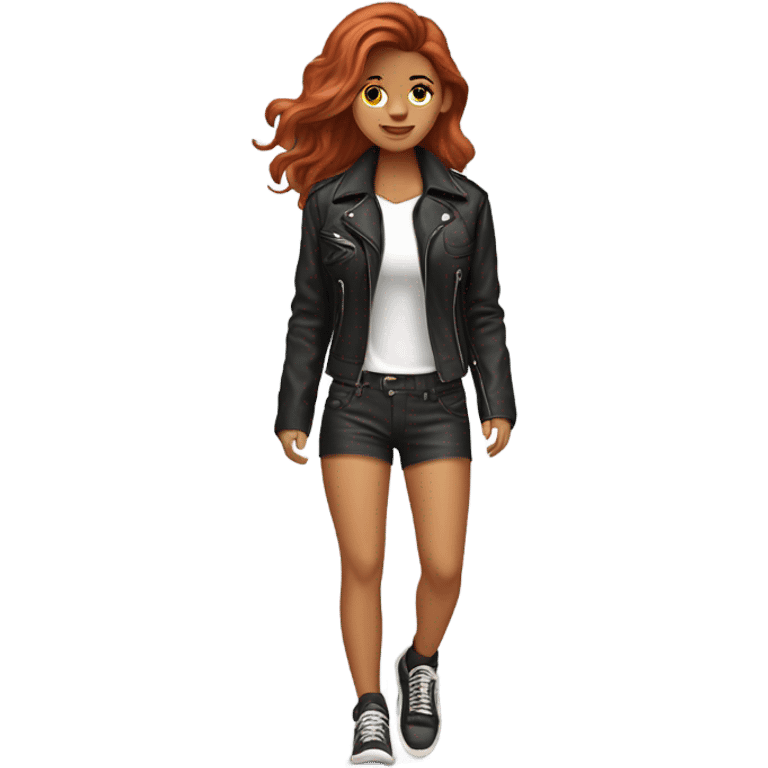 Very tan red haired wavy medium length hair walking her Yorkie in her shorts and leather jacket emoji